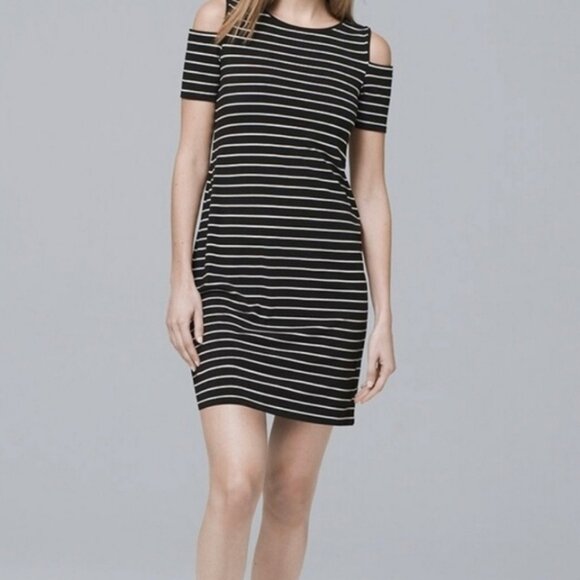 White House Black Market Dresses & Skirts - WHBM Casual Dress Striped Black White Knit Shift Medium Cutout Cold Shoulder
